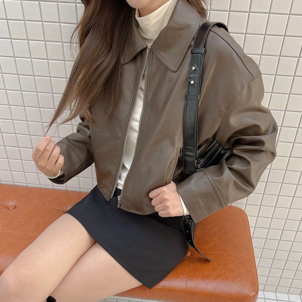 chic 한국 스타일 가을 겨울 레트로 개성 미니멀리즘 폴로 칼라 지퍼 PU 가죽 오토바이 재킷 재킷 이미지 3