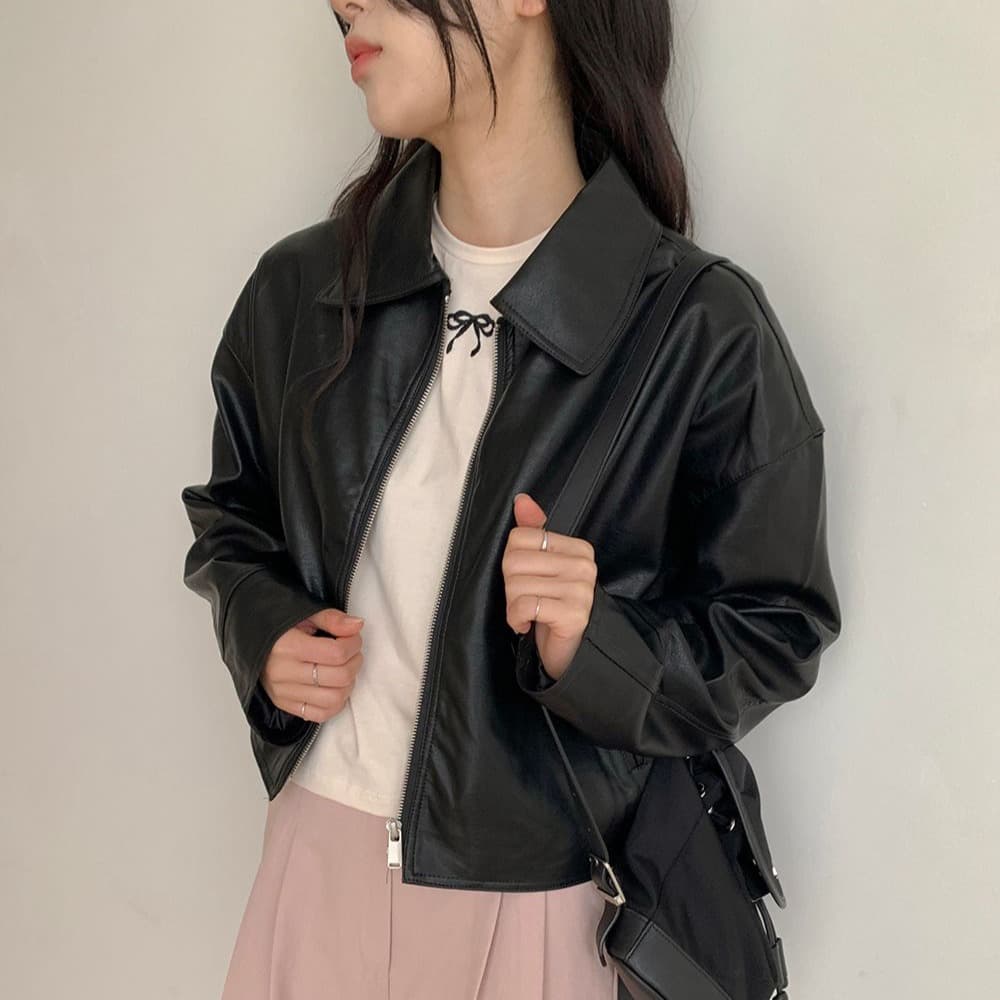 chic 한국 스타일 가을 겨울 레트로 개성 미니멀리즘 폴로 칼라 지퍼 PU 가죽 오토바이 재킷 재킷 이미지 4