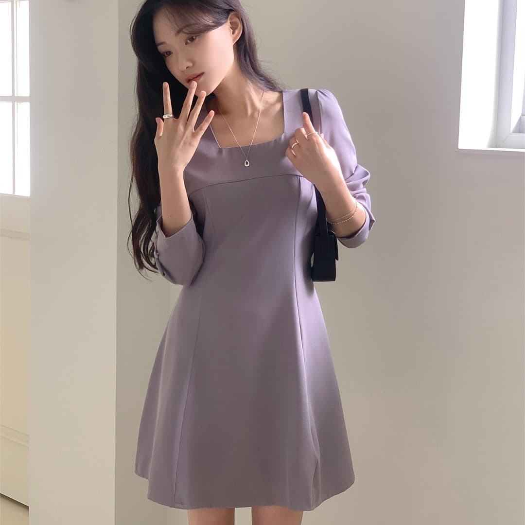 chic 한국 가을 프랑스식 레트로 품격 광장 칼라 거품 소매 레이스업 허리 수축 A라인 스커트 드레스 이미지 2