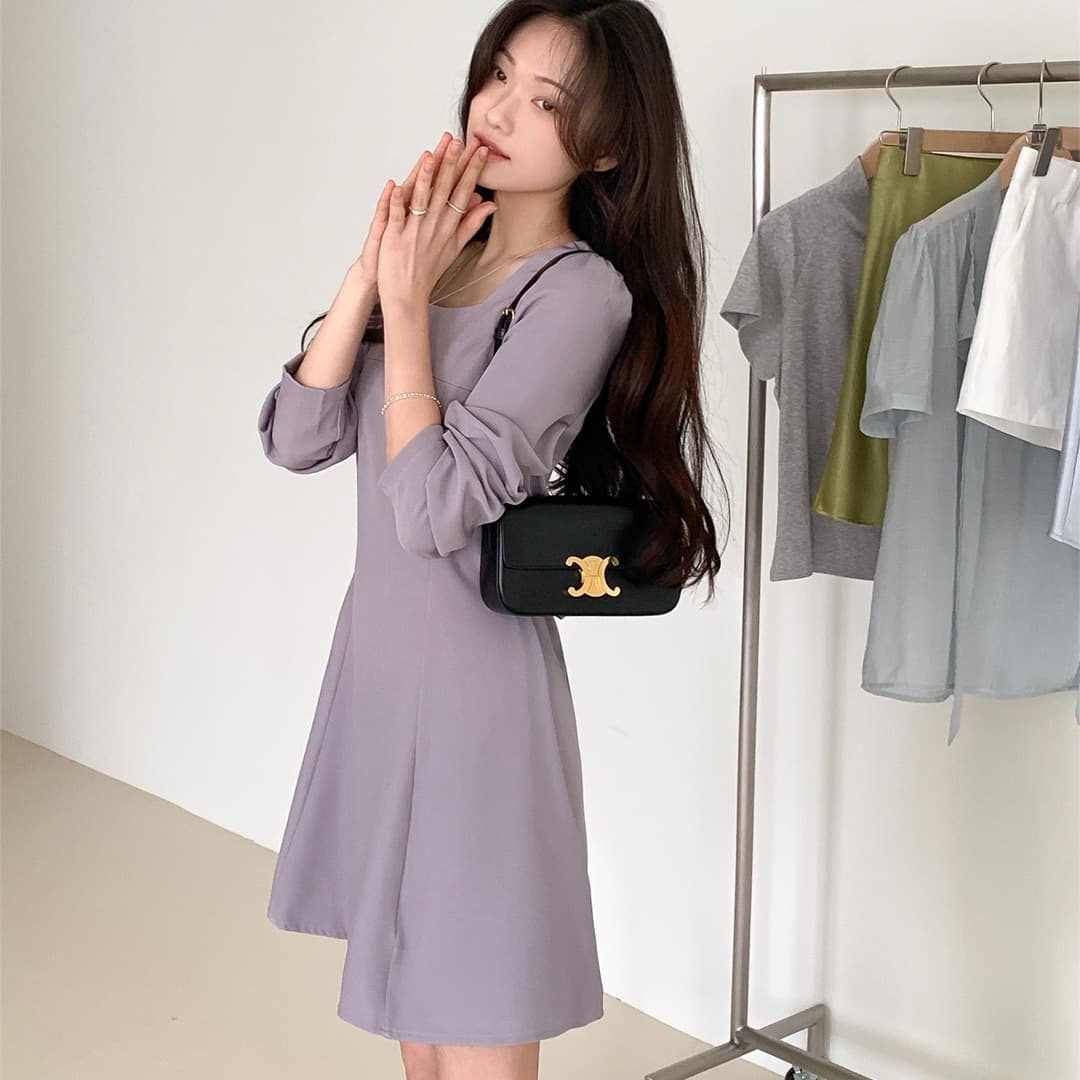 chic 한국 가을 프랑스식 레트로 품격 광장 칼라 거품 소매 레이스업 허리 수축 A라인 스커트 드레스