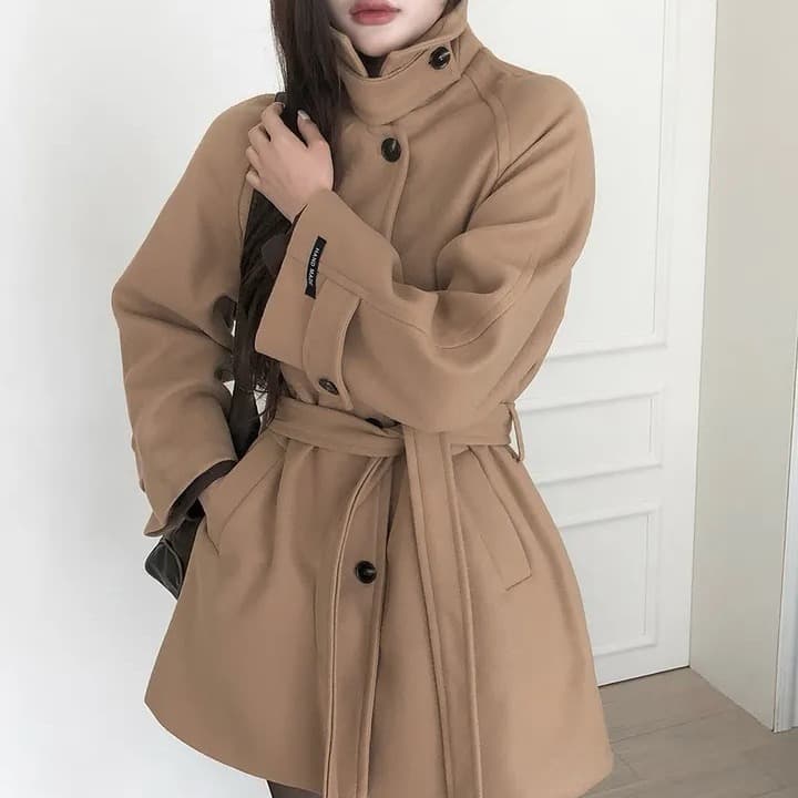 chic 한국 겨울 프랑스식 품격 터틀넥 보온 싱글 줄 버튼 레이스업 허리 수축 루즈핏 모직 외투