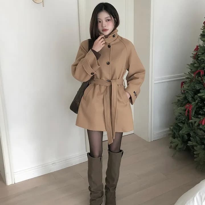 chic 한국 겨울 프랑스식 품격 터틀넥 보온 싱글 줄 버튼 레이스업 허리 수축 루즈핏 모직 외투 이미지 3
