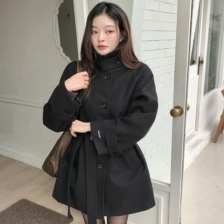 chic 한국 겨울 프랑스식 품격 터틀넥 보온 싱글 줄 버튼 레이스업 허리 수축 루즈핏 모직 외투 이미지 4