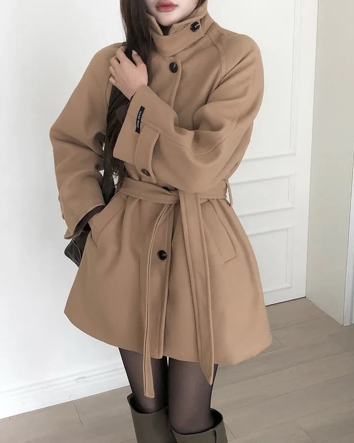 chic 한국 겨울 프랑스식 품격 터틀넥 보온 싱글 줄 버튼 레이스업 허리 수축 루즈핏 모직 외투 상세 이미지 6