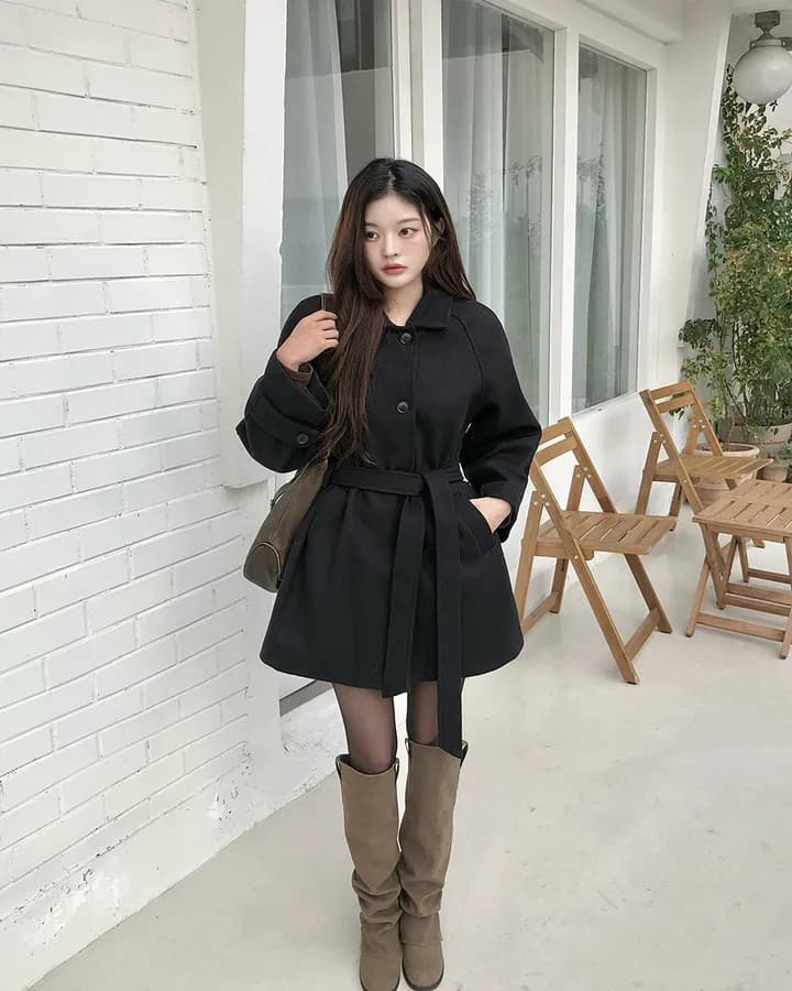 chic 한국 겨울 프랑스식 품격 터틀넥 보온 싱글 줄 버튼 레이스업 허리 수축 루즈핏 모직 외투 상세 이미지 14