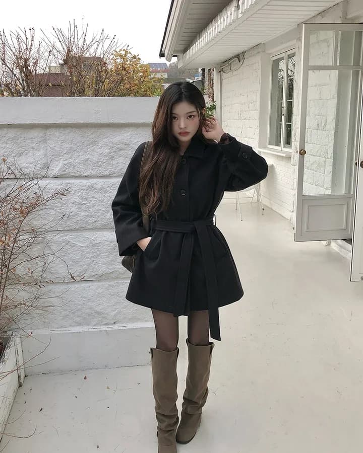 chic 한국 겨울 프랑스식 품격 터틀넥 보온 싱글 줄 버튼 레이스업 허리 수축 루즈핏 모직 외투 상세 이미지 19