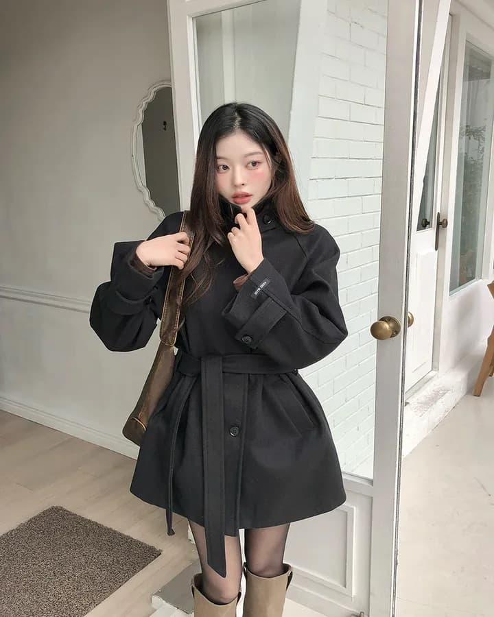 chic 한국 겨울 프랑스식 품격 터틀넥 보온 싱글 줄 버튼 레이스업 허리 수축 루즈핏 모직 외투 상세 이미지 22