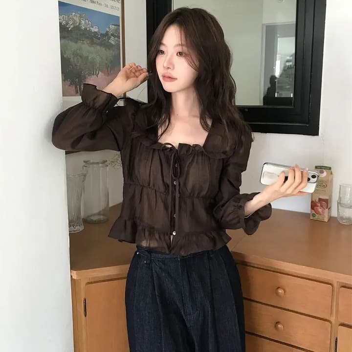chic 한 부서 이른 가을 프랑스식 달콤함 연령 감소 부드러운 프릴 주름 장식 허리 수축 쉬폰 자외선 차단 셔츠 맨위 이미지 2
