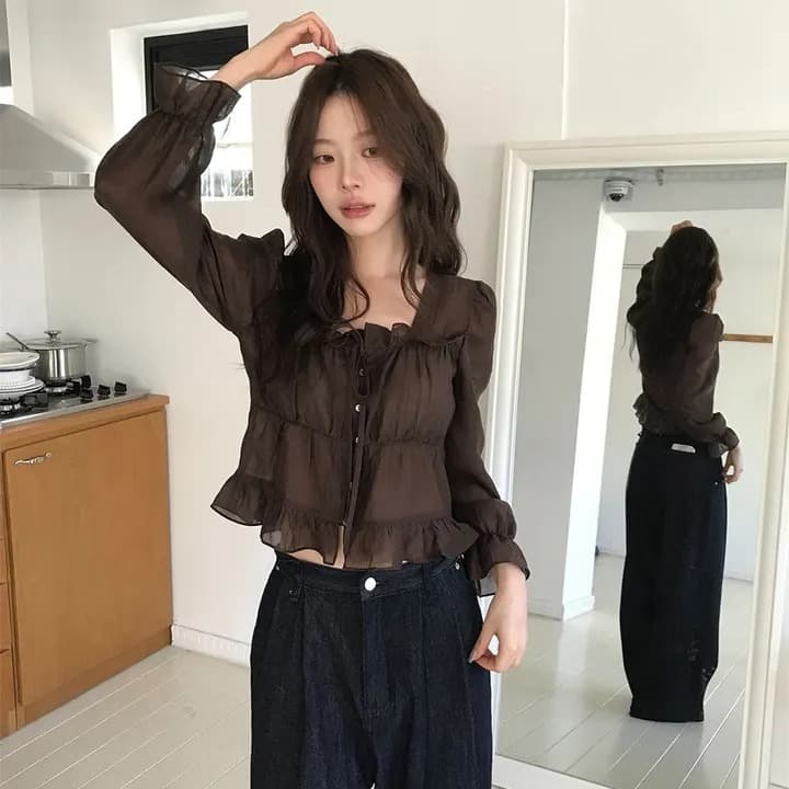 chic 한 부서 이른 가을 프랑스식 달콤함 연령 감소 부드러운 프릴 주름 장식 허리 수축 쉬폰 자외선 차단 셔츠 맨위