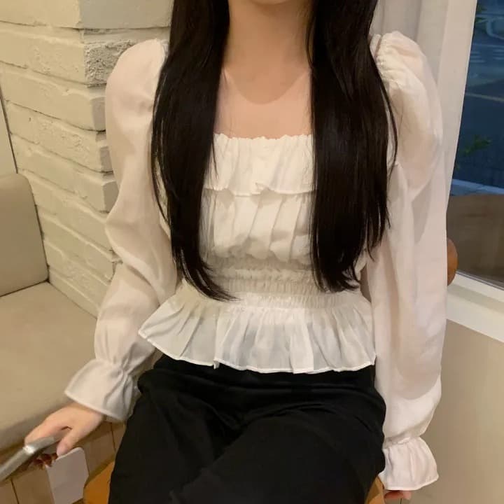 한국 chic 가을 섹션 프랑스식 부드러운 연령 감소 프릴 나팔 소매 허리 수축 슬림해 보이는 다용도 셔츠 맨위 이미지 4