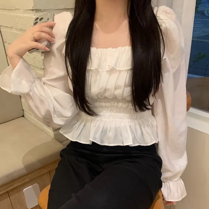 한국 chic 가을 섹션 프랑스식 부드러운 연령 감소 프릴 나팔 소매 허리 수축 슬림해 보이는 다용도 셔츠 맨위