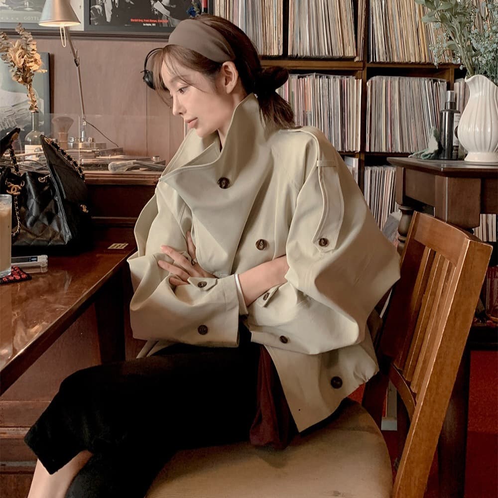 chic 한 부서 가을 패션 레트로 영국식 바람 이중 버튼 워크웨어 캐주얼 루즈핏 바람막이 재킷 재킷 이미지 3