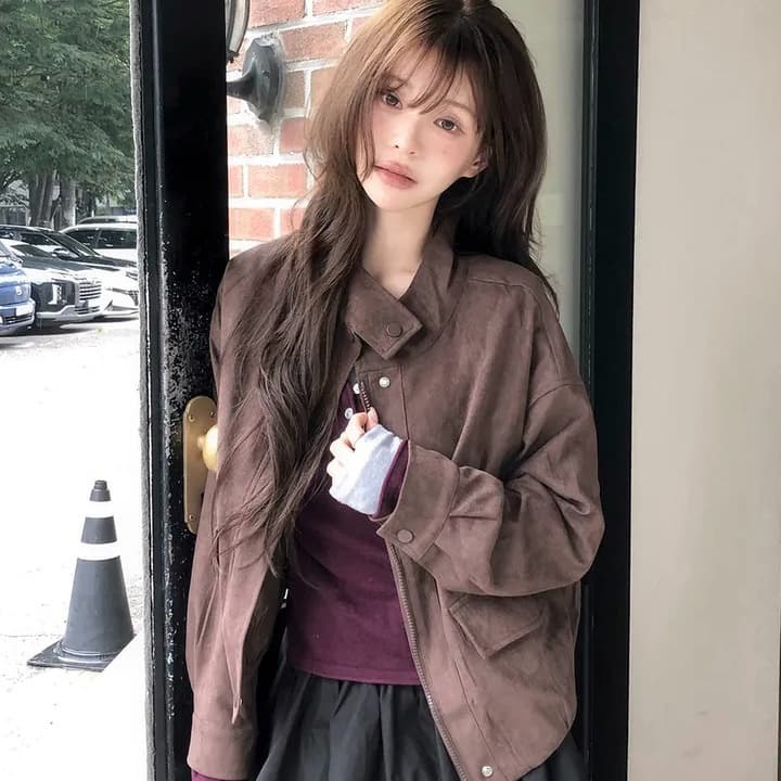 chic 한국 스타일 가을 겨울 패션 레트로 아름다움 라드. 스탠드 칼라 지퍼 스웨이드 원단 야구 유니폼 다용도 재킷 재킷