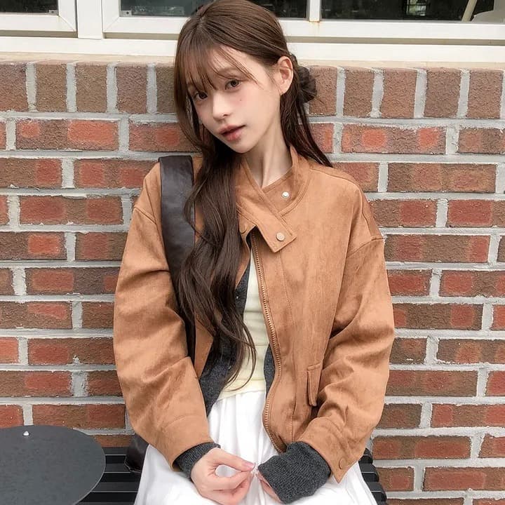 chic 한국 스타일 가을 겨울 패션 레트로 아름다움 라드. 스탠드 칼라 지퍼 스웨이드 원단 야구 유니폼 다용도 재킷 재킷 이미지 2