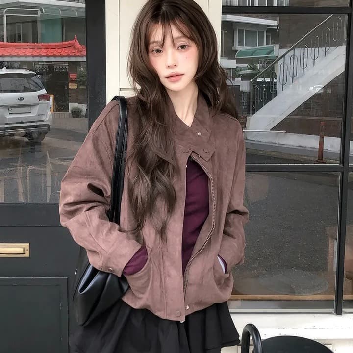 chic 한국 스타일 가을 겨울 패션 레트로 아름다움 라드. 스탠드 칼라 지퍼 스웨이드 원단 야구 유니폼 다용도 재킷 재킷 이미지 3