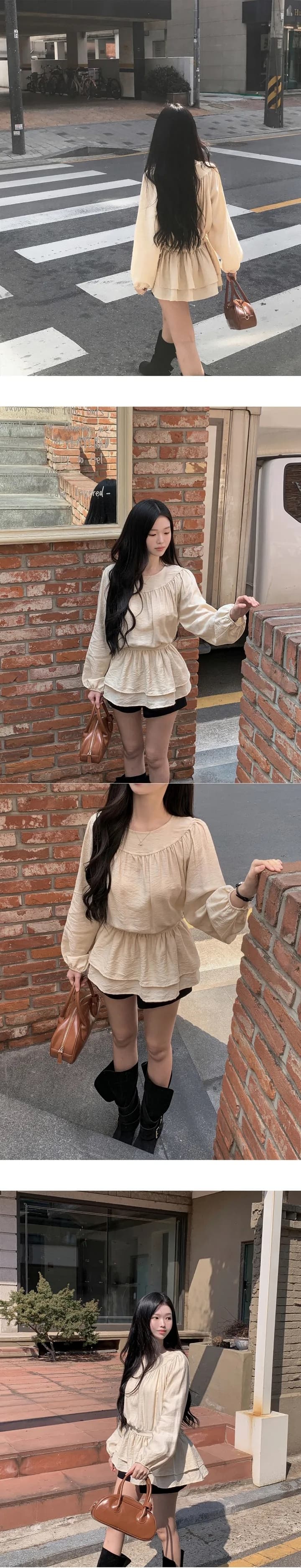 chic 한 부서 프랑스식 달콤함 부드러운 라운드 수신 Pleat 펌프 로프 허리 수축 작은 키 긴팔 미니 스커트 드레스 상세 이미지 2