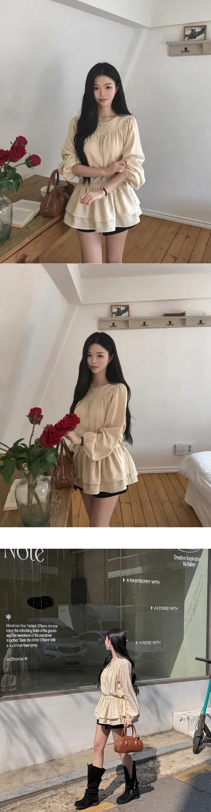 chic 한 부서 프랑스식 달콤함 부드러운 라운드 수신 Pleat 펌프 로프 허리 수축 작은 키 긴팔 미니 스커트 드레스 상세 이미지 7