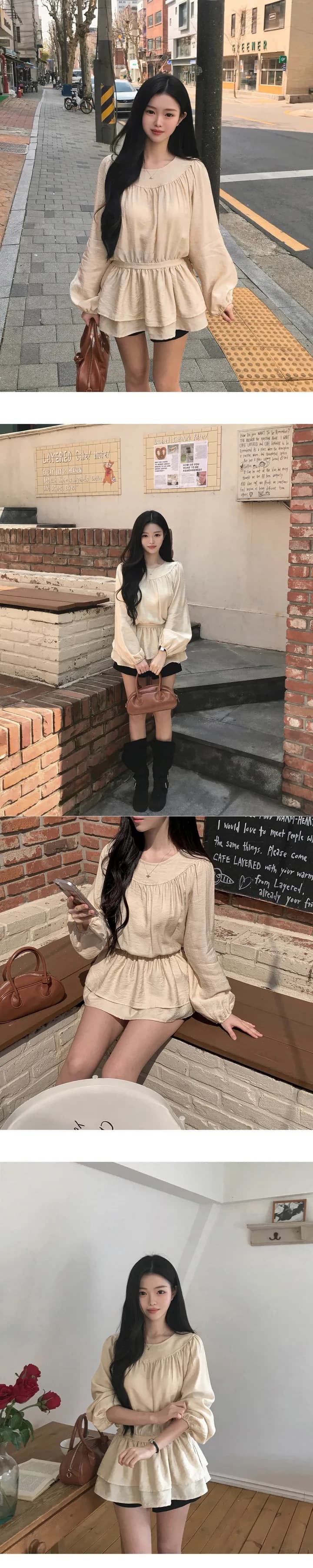chic 한 부서 프랑스식 달콤함 부드러운 라운드 수신 Pleat 펌프 로프 허리 수축 작은 키 긴팔 미니 스커트 드레스 상세 이미지 8