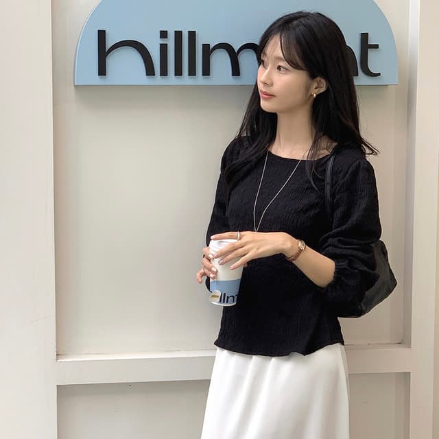 chic 한 부서 가을 부드러운 달콤함 품격 질감 곡물 거품 소매 라운드 넥 미니멀리즘 셔츠 맨위