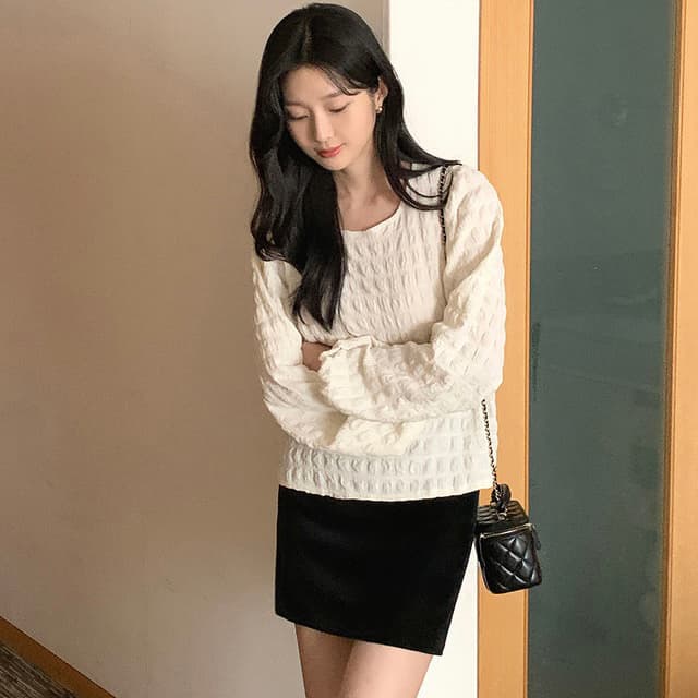 chic 한 부서 가을 부드러운 달콤함 품격 질감 곡물 거품 소매 라운드 넥 미니멀리즘 셔츠 맨위 이미지 2