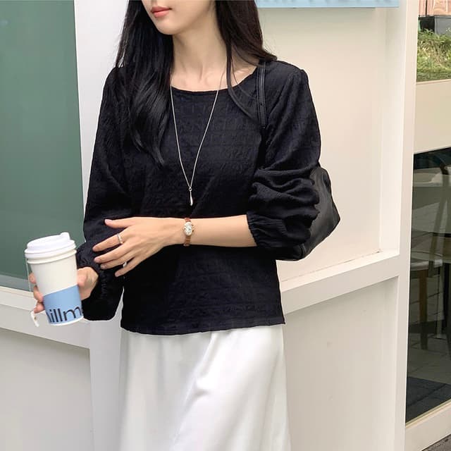 chic 한 부서 가을 부드러운 달콤함 품격 질감 곡물 거품 소매 라운드 넥 미니멀리즘 셔츠 맨위 이미지 3
