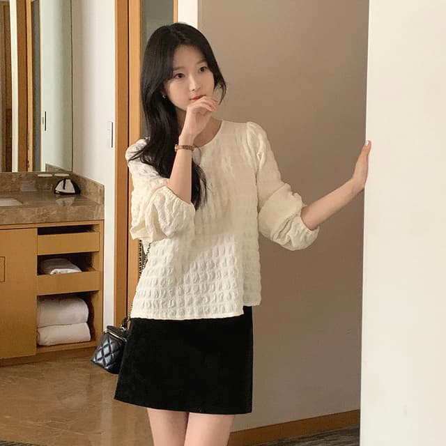 chic 한 부서 가을 부드러운 달콤함 품격 질감 곡물 거품 소매 라운드 넥 미니멀리즘 셔츠 맨위 이미지 4