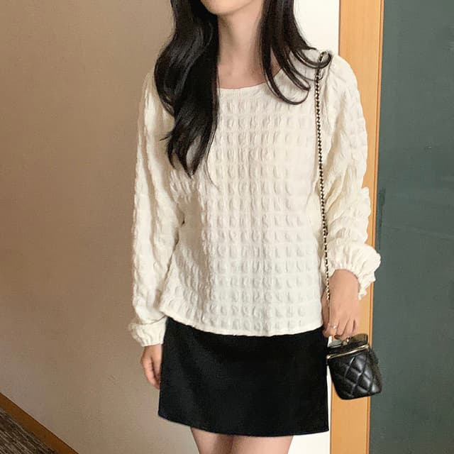 chic 한 부서 가을 부드러운 달콤함 품격 질감 곡물 거품 소매 라운드 넥 미니멀리즘 셔츠 맨위 상세 이미지 2