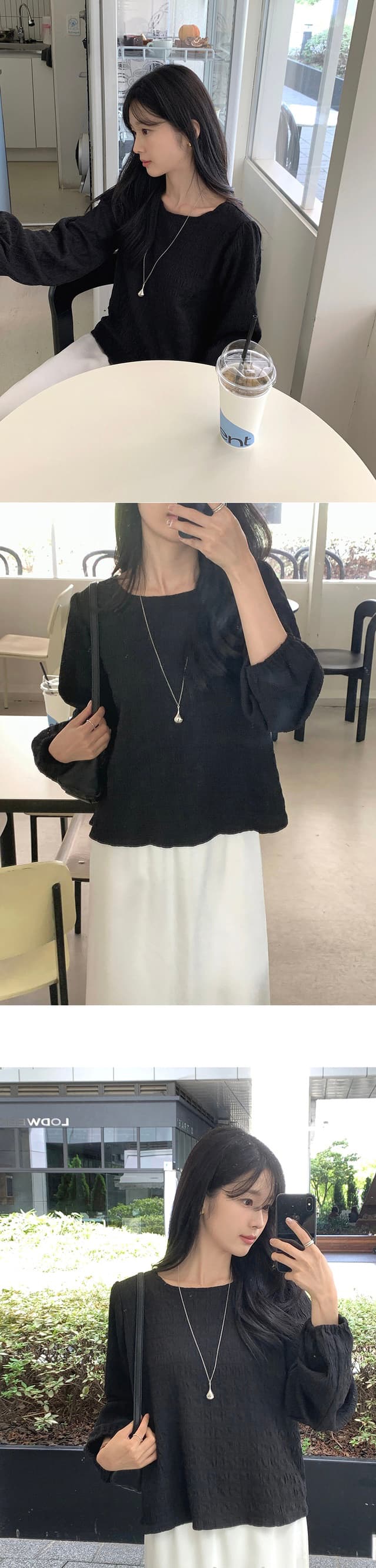 chic 한 부서 가을 부드러운 달콤함 품격 질감 곡물 거품 소매 라운드 넥 미니멀리즘 셔츠 맨위 상세 이미지 16