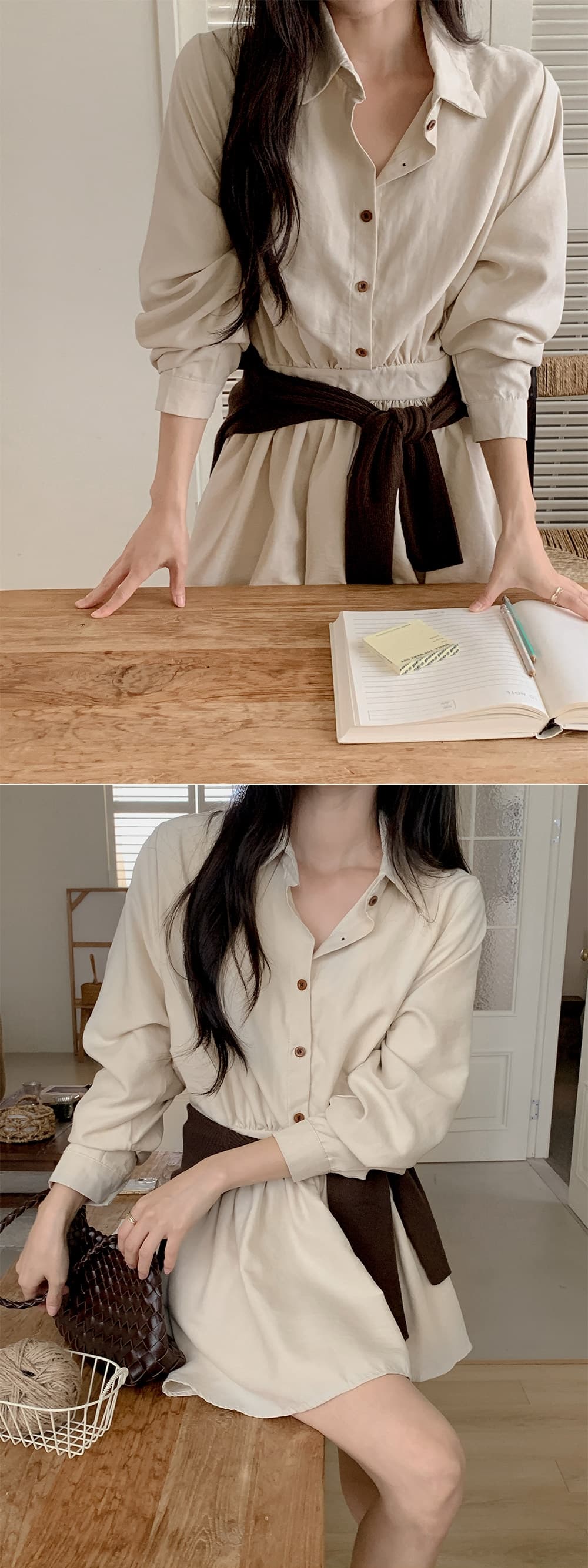 ins 한 부서 가을 겨울 레트로 고급 센스 패션 품격 폴로 칼라 주름 장식 허리 수축 다용도 셔츠 드레스 드레스 상세 이미지 11