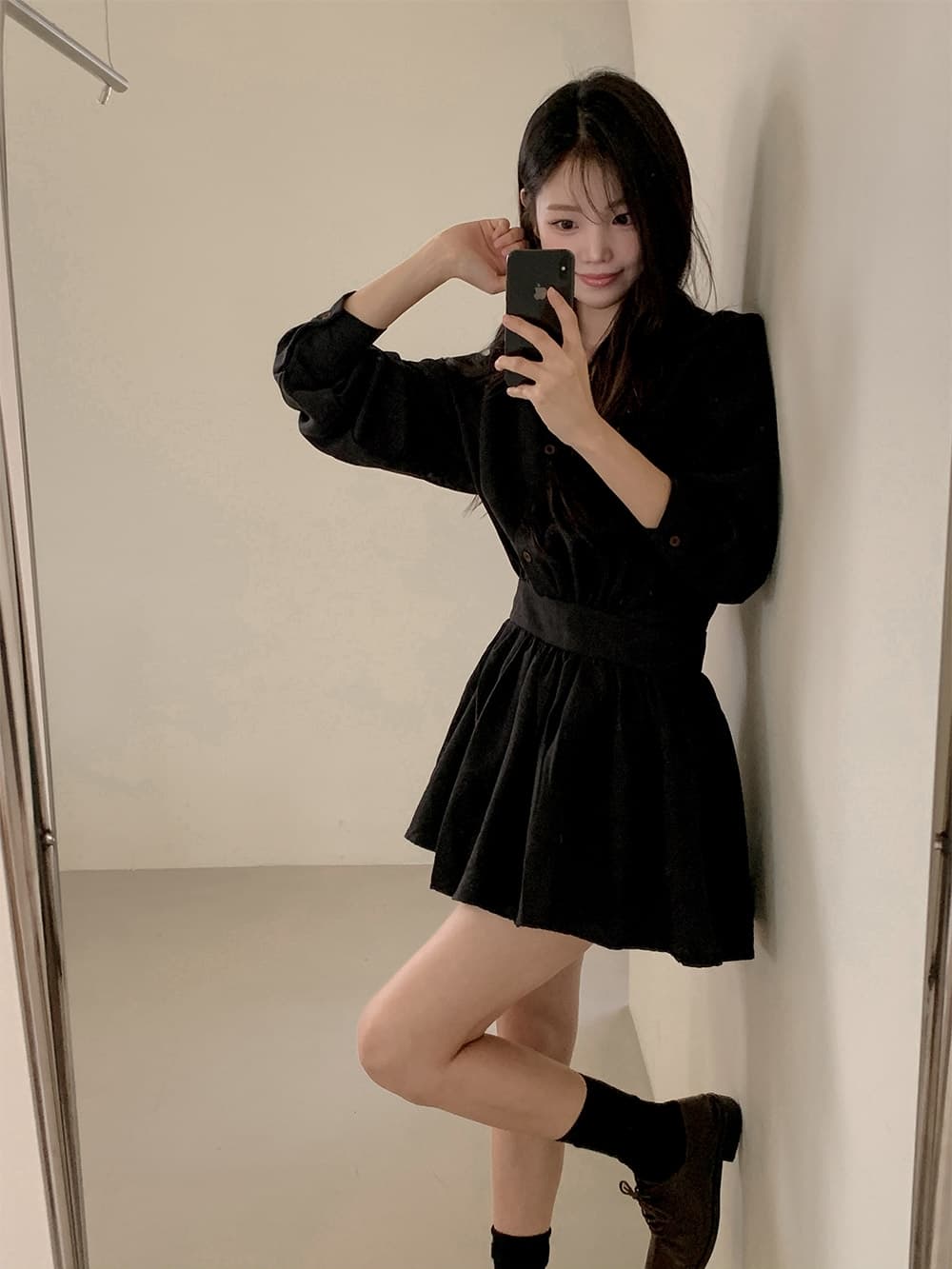 ins 한 부서 가을 겨울 레트로 고급 센스 패션 품격 폴로 칼라 주름 장식 허리 수축 다용도 셔츠 드레스 드레스 상세 이미지 12
