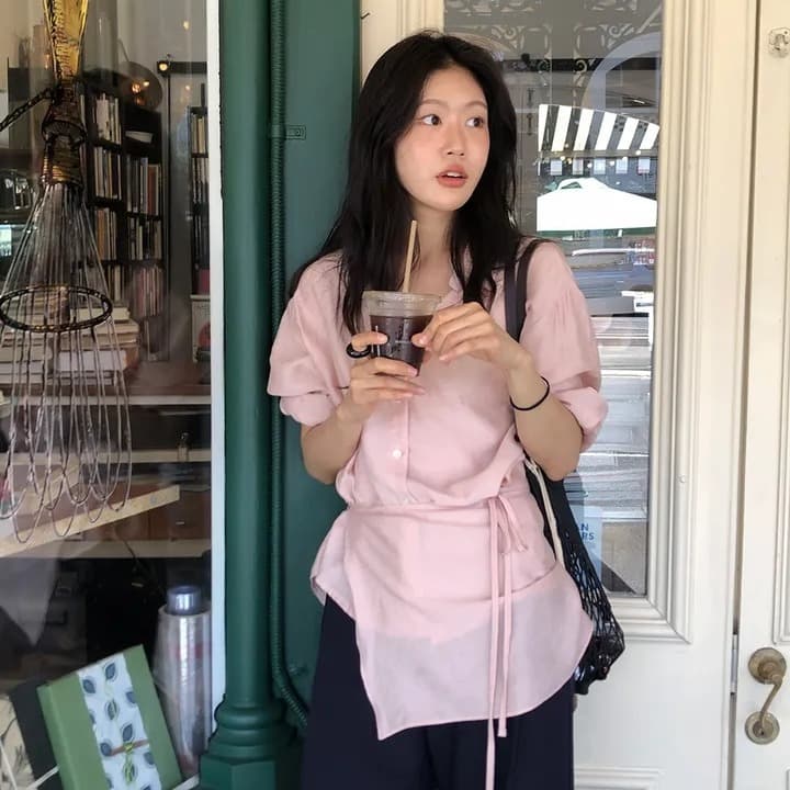chic 한국 가을 품격 부드러운 작은 대중 싱글 줄 버튼 다용도 치마 커튼 방귀 커튼 셔츠 맨위 투피스 세트 이미지 3