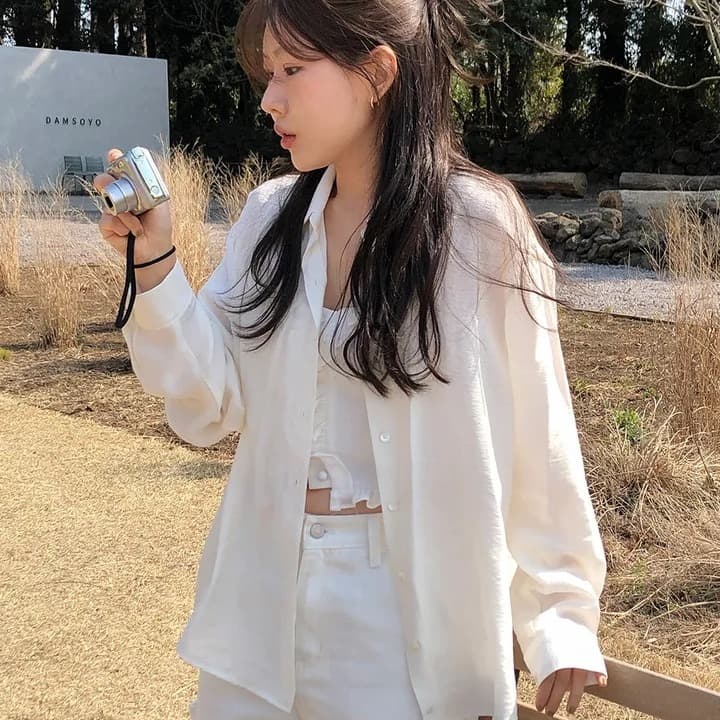 chic 한국 가을 품격 부드러운 작은 대중 싱글 줄 버튼 다용도 치마 커튼 방귀 커튼 셔츠 맨위 투피스 세트 이미지 2