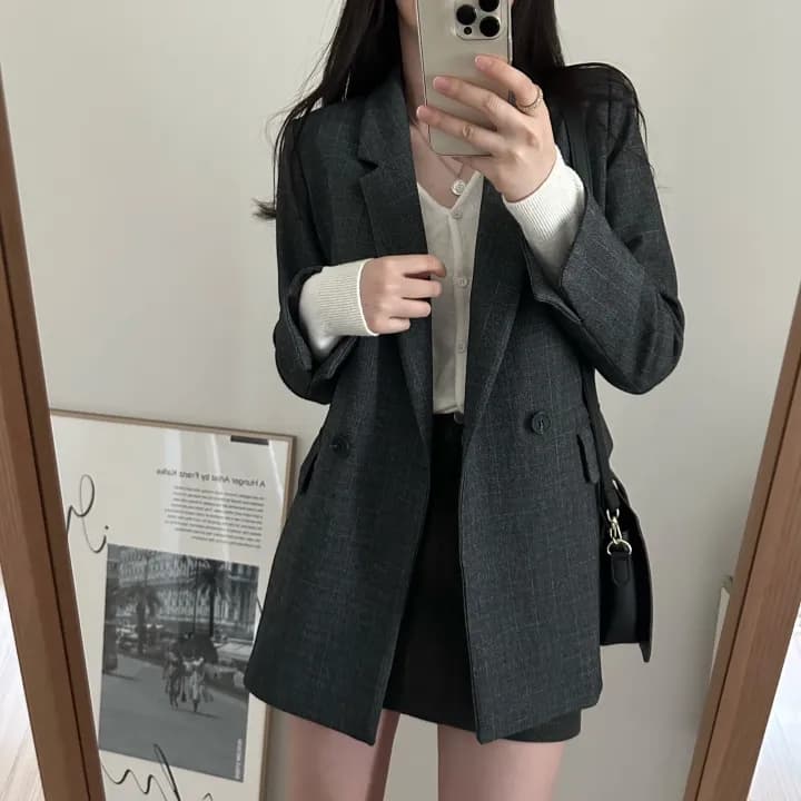 chic 한국 가을 겨울 프랑스식 레트로 캐주얼 미니멀리즘 정장 칼라 두 버클 루즈핏 다용도 블레이저
