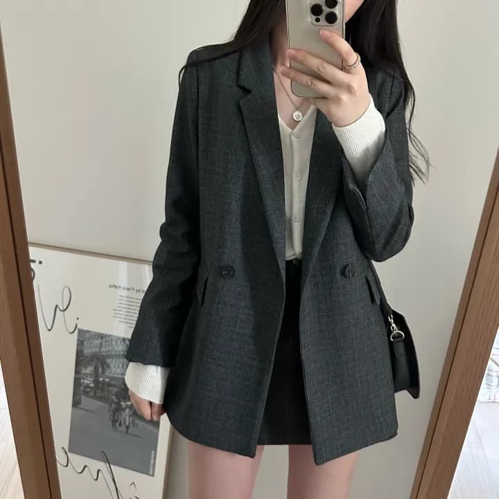 chic 한국 가을 겨울 프랑스식 레트로 캐주얼 미니멀리즘 정장 칼라 두 버클 루즈핏 다용도 블레이저 이미지 4