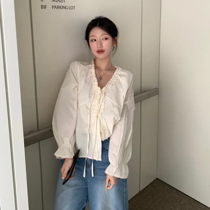 chic 한 부서 가을 부드러운 연령 감소 패션 목이버섯 레이스 V넥 나비 매듭 긴팔 Chic 셔츠 맨위