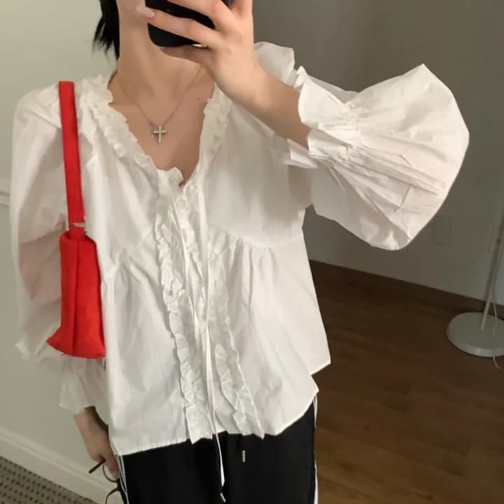 chic 한 부서 가을 부드러운 연령 감소 패션 목이버섯 레이스 V넥 나비 매듭 긴팔 Chic 셔츠 맨위 이미지 2
