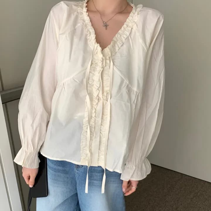 chic 한 부서 가을 부드러운 연령 감소 패션 목이버섯 레이스 V넥 나비 매듭 긴팔 Chic 셔츠 맨위 이미지 3