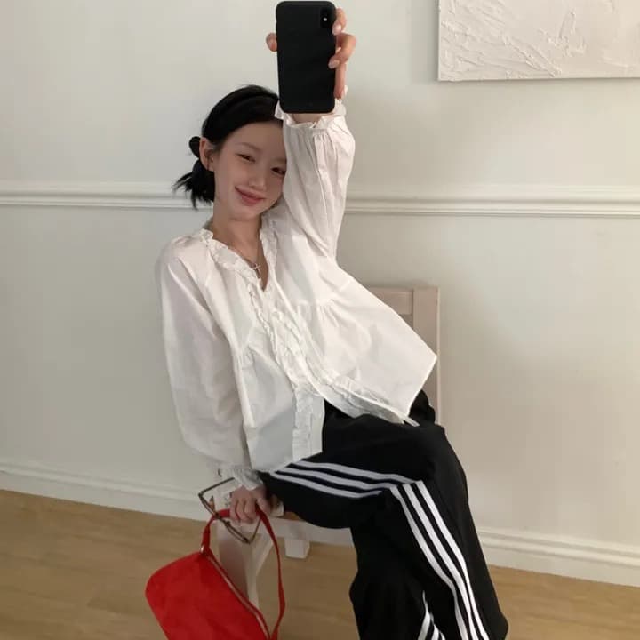chic 한 부서 가을 부드러운 연령 감소 패션 목이버섯 레이스 V넥 나비 매듭 긴팔 Chic 셔츠 맨위 이미지 4