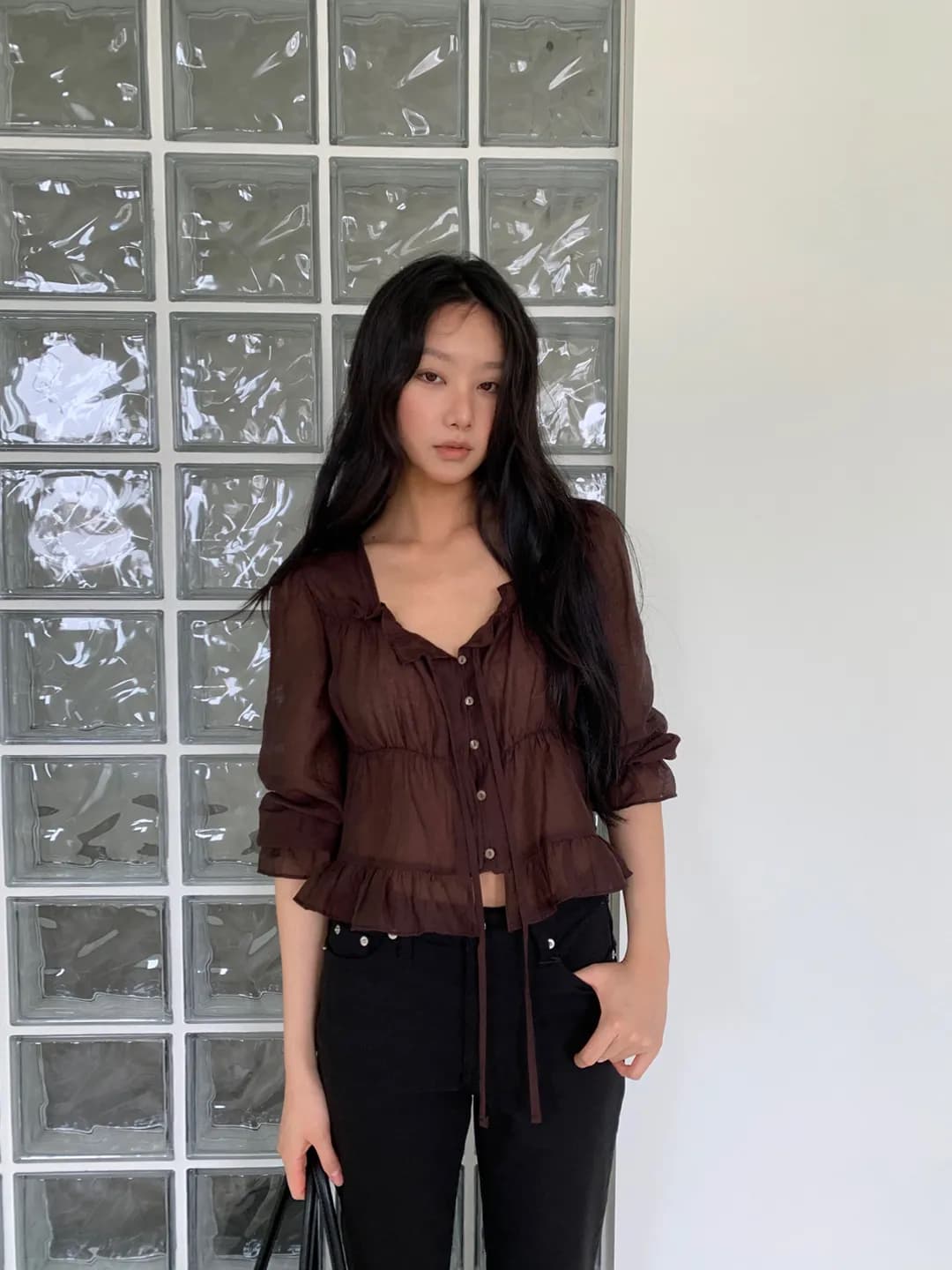 chic 한 부서 이른 가을 프랑스식 달콤함 연령 감소 부드러운 프릴 주름 장식 허리 수축 쉬폰 자외선 차단 셔츠 맨위 상세 이미지 21