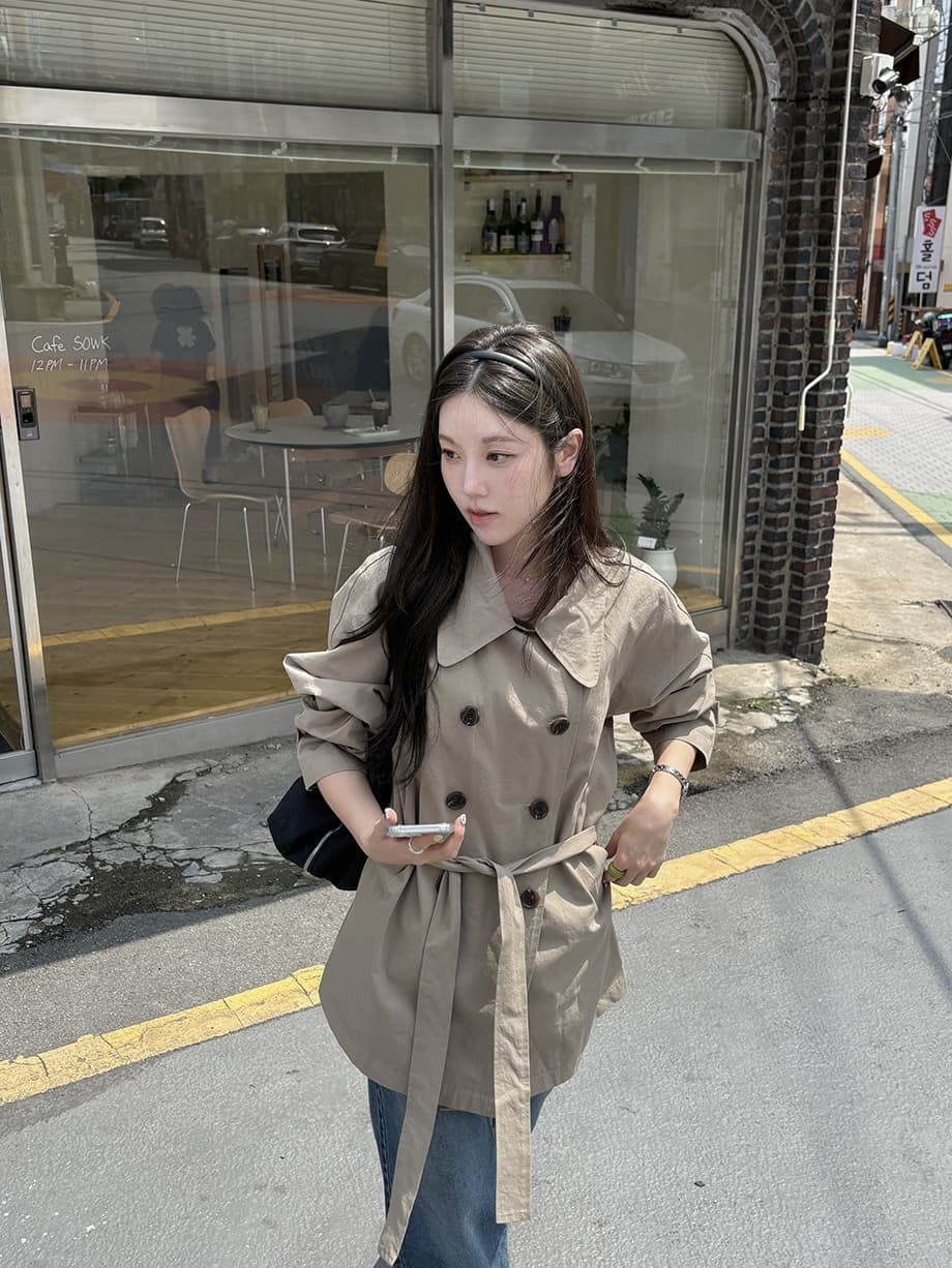 chic 한국 가을 영국식 이중 버튼 패션 느긋한 레이스업 허리 수축 루즈핏 캐주얼 다용도 재킷 재킷 상세 이미지 1