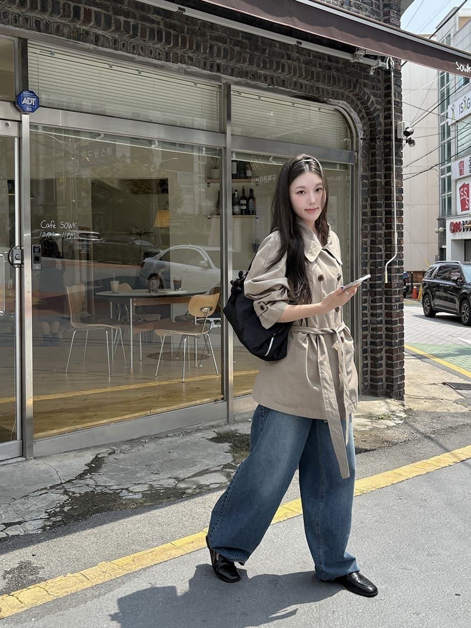chic 한국 가을 영국식 이중 버튼 패션 느긋한 레이스업 허리 수축 루즈핏 캐주얼 다용도 재킷 재킷 상세 이미지 2