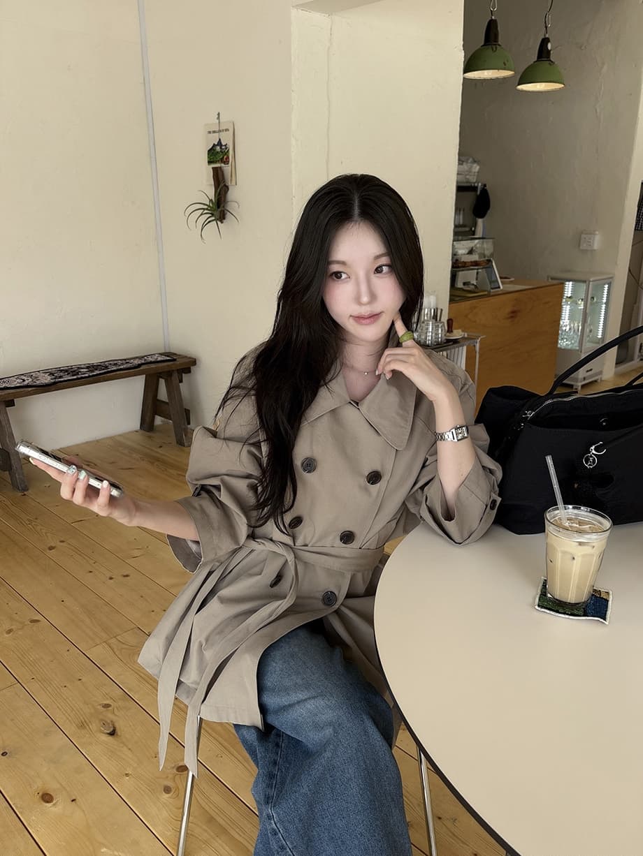 chic 한국 가을 영국식 이중 버튼 패션 느긋한 레이스업 허리 수축 루즈핏 캐주얼 다용도 재킷 재킷 상세 이미지 4