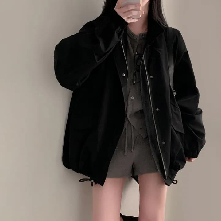 chic 한국 가을 레트로 폴로 칼라 캐주얼 워크웨어 지퍼 어둠 버클 펌프 로프 허리 수축 바람막이 재킷 재킷 이미지 2