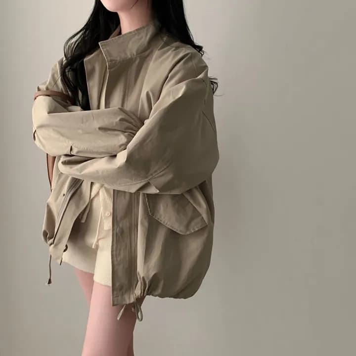 chic 한국 가을 레트로 폴로 칼라 캐주얼 워크웨어 지퍼 어둠 버클 펌프 로프 허리 수축 바람막이 재킷 재킷 상세 이미지 1