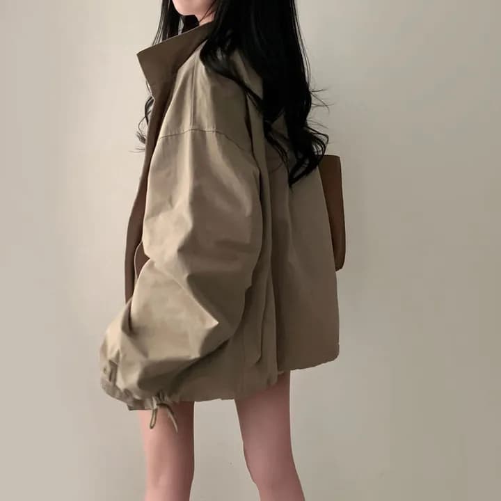 chic 한국 가을 레트로 폴로 칼라 캐주얼 워크웨어 지퍼 어둠 버클 펌프 로프 허리 수축 바람막이 재킷 재킷 상세 이미지 2