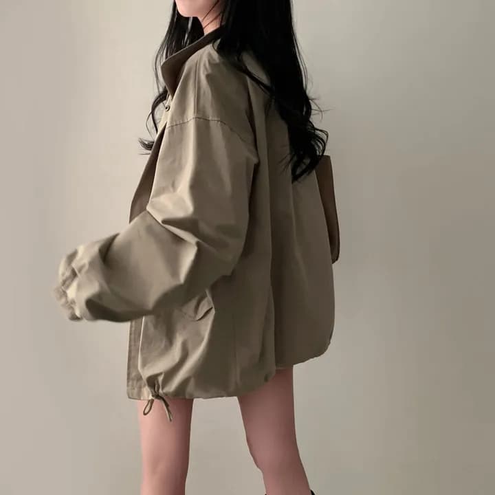chic 한국 가을 레트로 폴로 칼라 캐주얼 워크웨어 지퍼 어둠 버클 펌프 로프 허리 수축 바람막이 재킷 재킷 상세 이미지 3