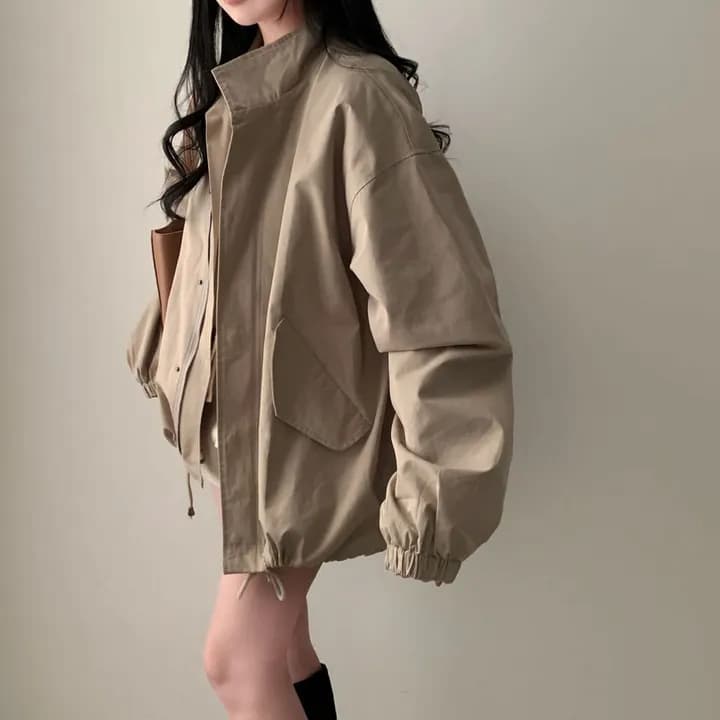 chic 한국 가을 레트로 폴로 칼라 캐주얼 워크웨어 지퍼 어둠 버클 펌프 로프 허리 수축 바람막이 재킷 재킷 상세 이미지 6