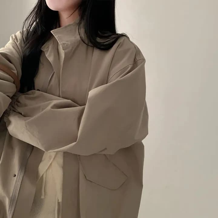 chic 한국 가을 레트로 폴로 칼라 캐주얼 워크웨어 지퍼 어둠 버클 펌프 로프 허리 수축 바람막이 재킷 재킷 상세 이미지 8