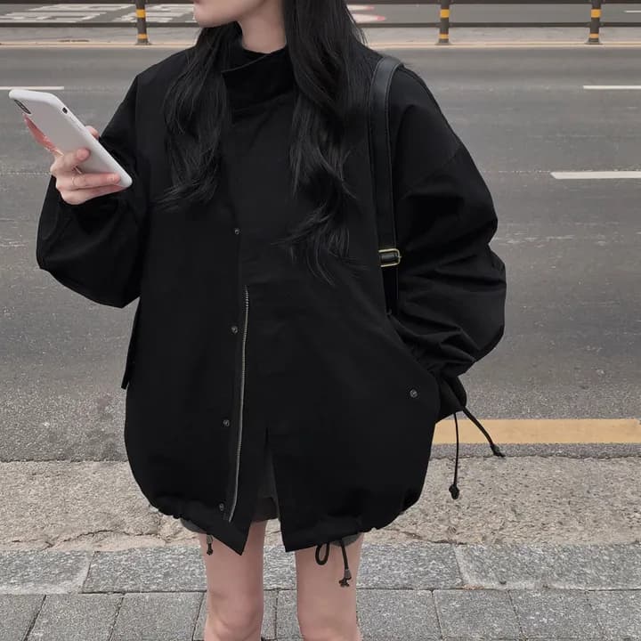 chic 한국 가을 레트로 폴로 칼라 캐주얼 워크웨어 지퍼 어둠 버클 펌프 로프 허리 수축 바람막이 재킷 재킷 상세 이미지 11