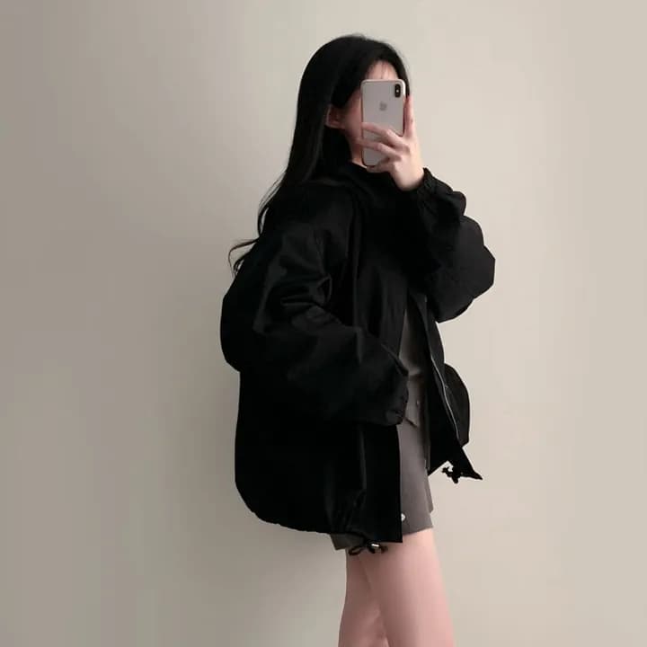 chic 한국 가을 레트로 폴로 칼라 캐주얼 워크웨어 지퍼 어둠 버클 펌프 로프 허리 수축 바람막이 재킷 재킷 상세 이미지 12